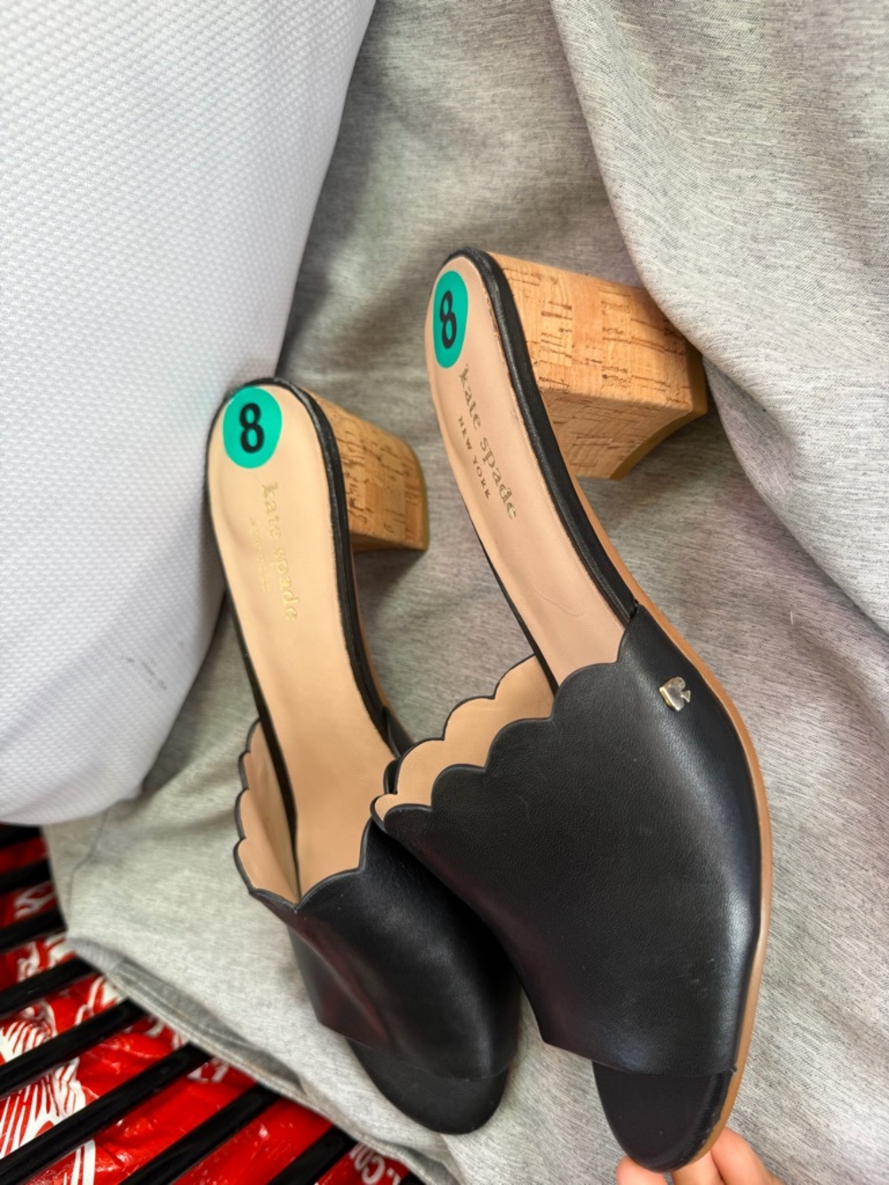 kate spade Black Scalloped Leather Cork Block Heel Mules